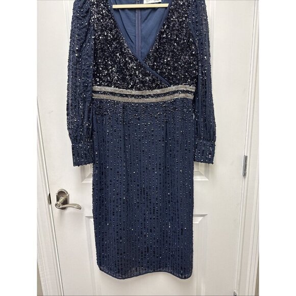 Mac Duggal Size 12 Navy 93593 Sequined V Neck Bishop Sleeve Midi Cocktail Dress - Picture 6 of 13